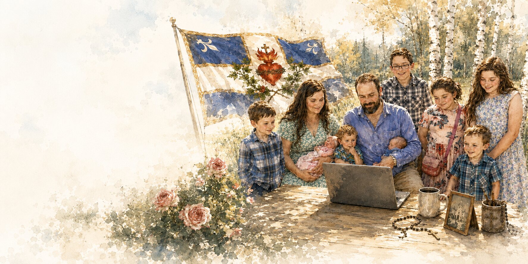 Illustrated portrait of Kelly J. Rose outdoors with his family.
